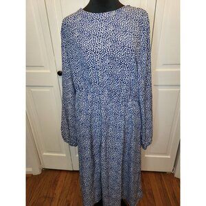 NWOT Blue/White Ditsy Print Long Sleeved Dress XXL Elastic Waist Cottage Modest